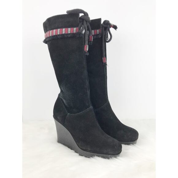 DVF Diane Von Furstenberg Black Suede Leather Knee High Wedge Boots - Picture 1 of 11